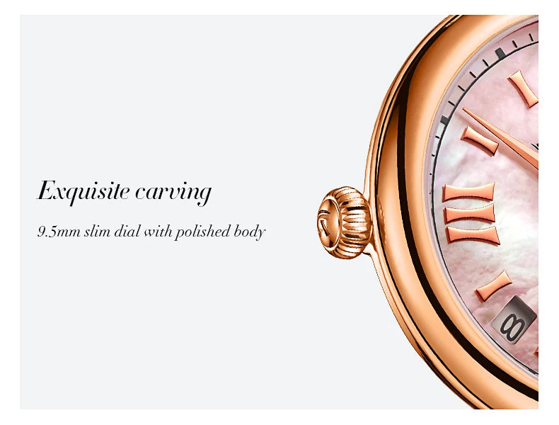 FolliFollie Orologio da donna automatico con quadrante in oro rosa e diamanti con numeri romani, cinturino in pelle, orologio da donna di lusso