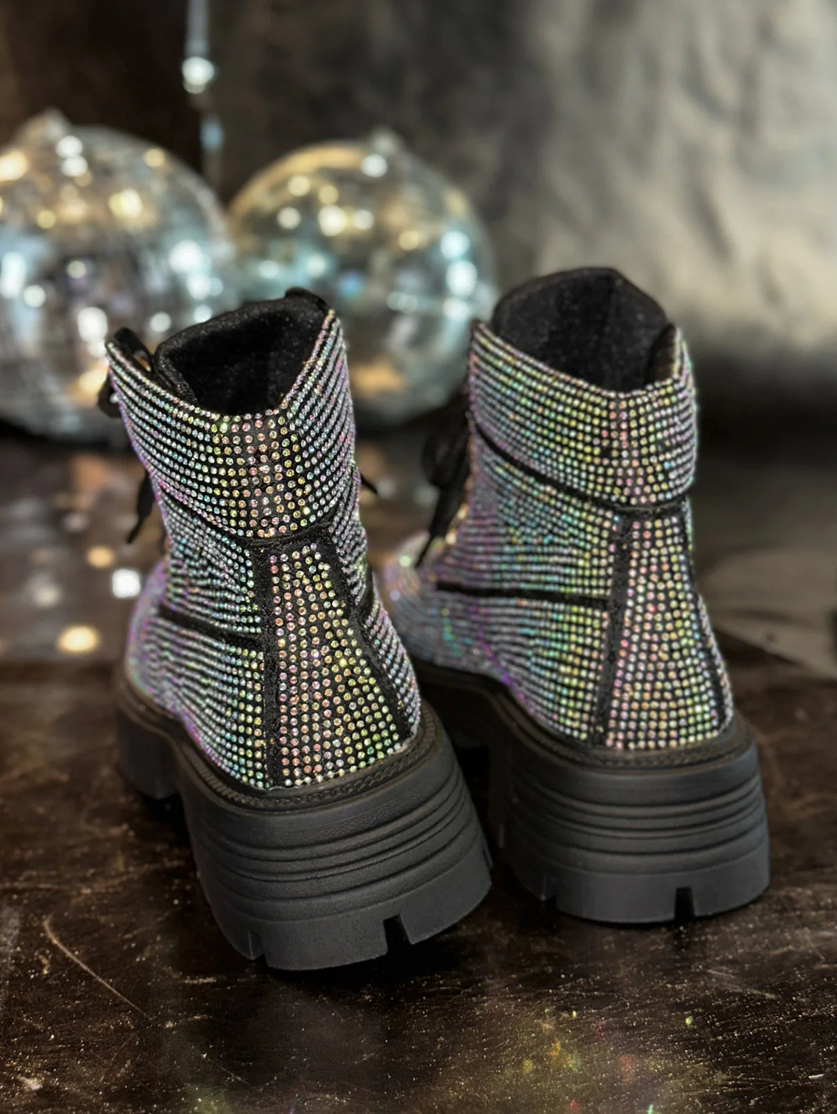 Stivaletti Retrò Autunno Inverno Nuovi con Strass e Lacci Punta Tonda Plateau Scarpe da Donna Taglie Grandi
