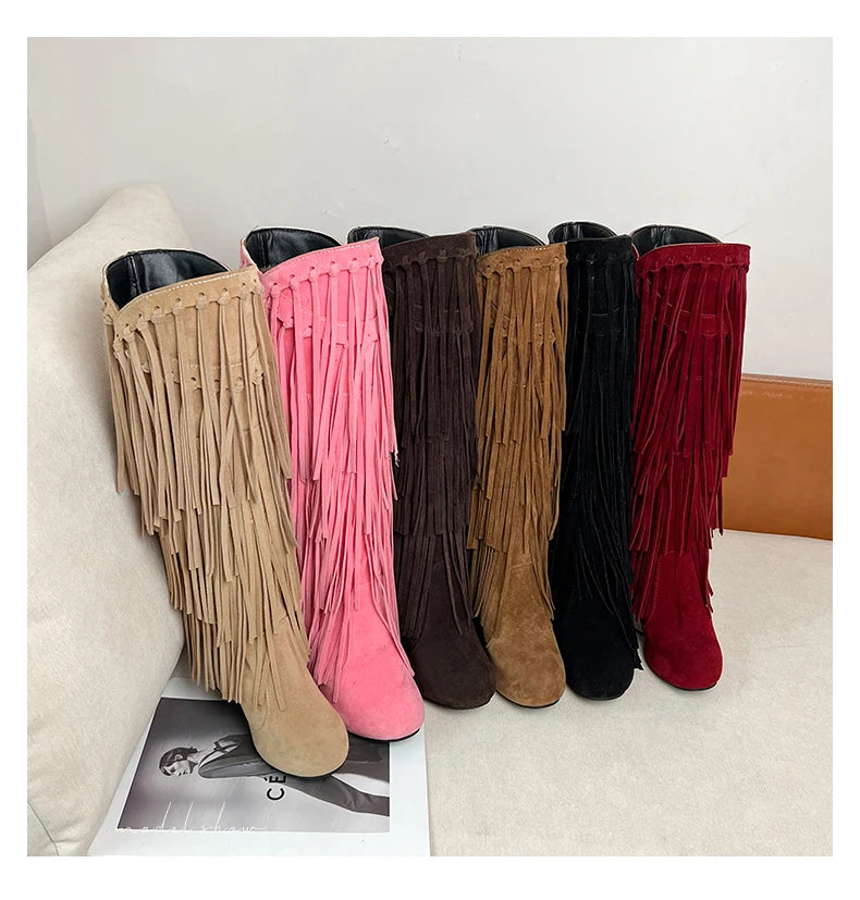 2022 primavera nuovo tacco alto con scollo a v con frange stivali da donna punta tonda impermeabile moda Sexy Set di piedi stivali da principessa