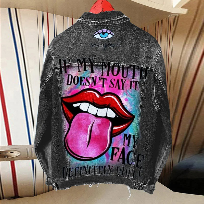 2024 autunno delle donne nuova vendita calda Street INS Net Red con la stessa ragazza giocosa Tongue Out Print Pattern giacca di jeans con risvolto