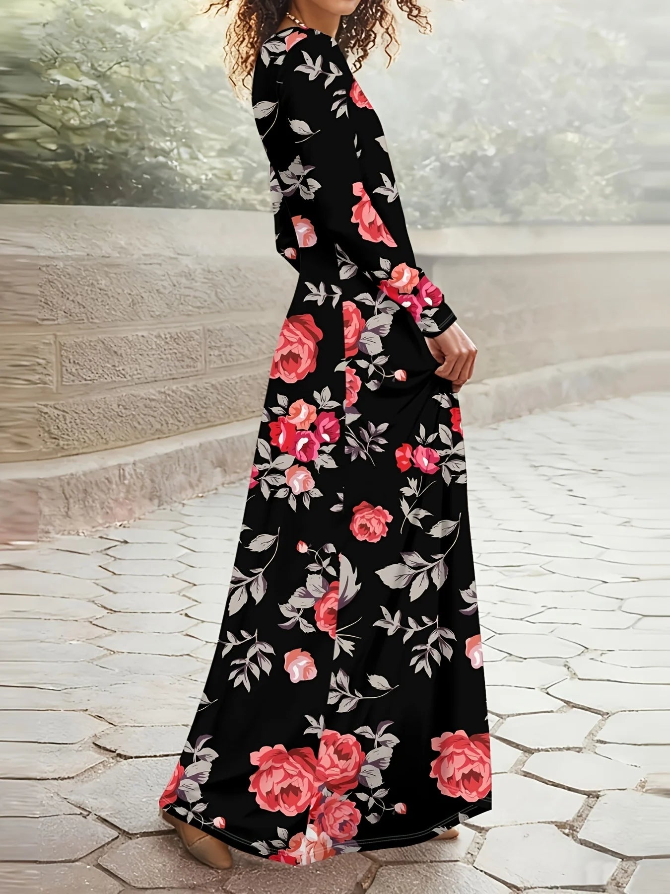 Abito Midi Floreale Elegante Maniche Lunghe