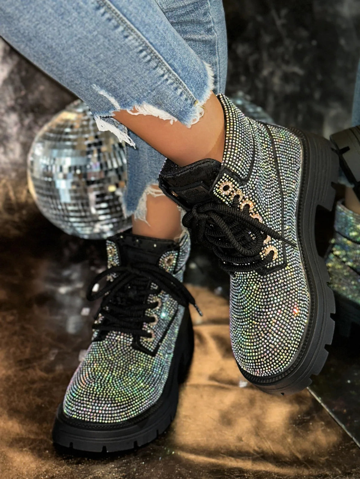 Stivaletti Retrò Autunno Inverno Nuovi con Strass e Lacci Punta Tonda Plateau Scarpe da Donna Taglie Grandi