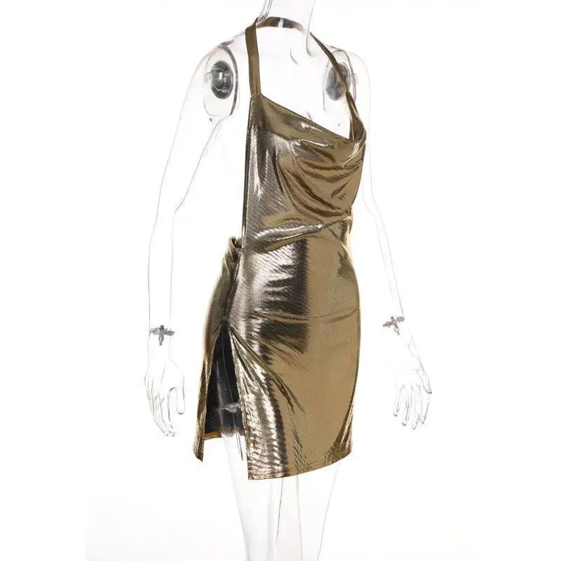 Mini abito aderente sexy per donna Bling Glitter Evening Prom Donna Halter Spacco laterale Backless Party Club Abiti estivi