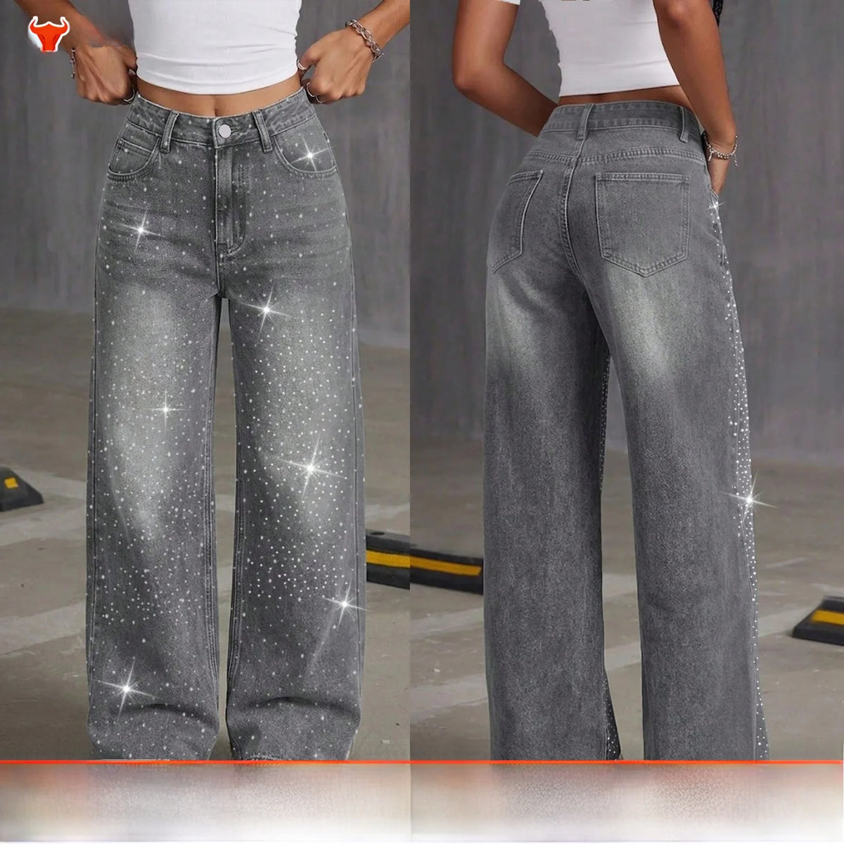 Jeans a Gamba Dritta con Strass Grigi, Pantaloni Lunghi e Larghi, Comodi e Casual in Stile Coreano, Jeans in Denim di Cotone