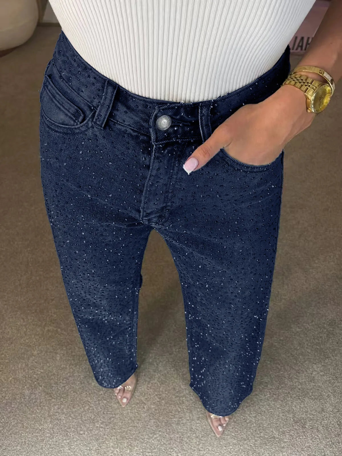 Pantaloni jeans con strass lucidi Pantaloni dritti in denim con diamanti da donna sexy a vita alta eleganti da night club