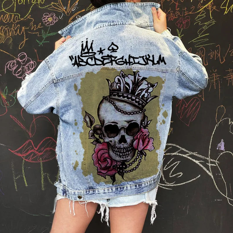 Stylegiacca di jeans da donna 2024 nuova stampa da donna Fashion Street Girl giacca di jeans manica lunga con risvolto spalla scesa autunno e Wint