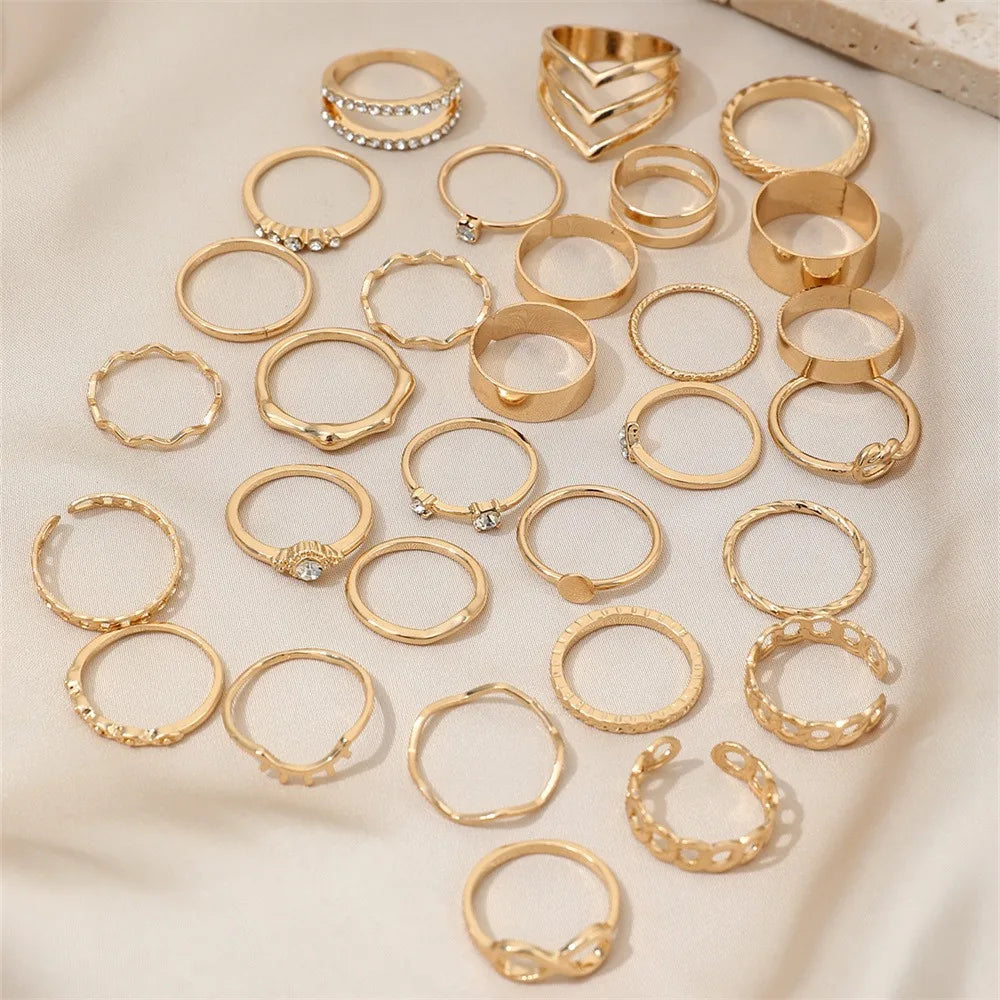 30 pezzi Set tendenza di lusso color oro geometrico a forma di 8 zirconi imitazione anelli di perle per le donne set di gioielli con ciondoli multi-pezzo