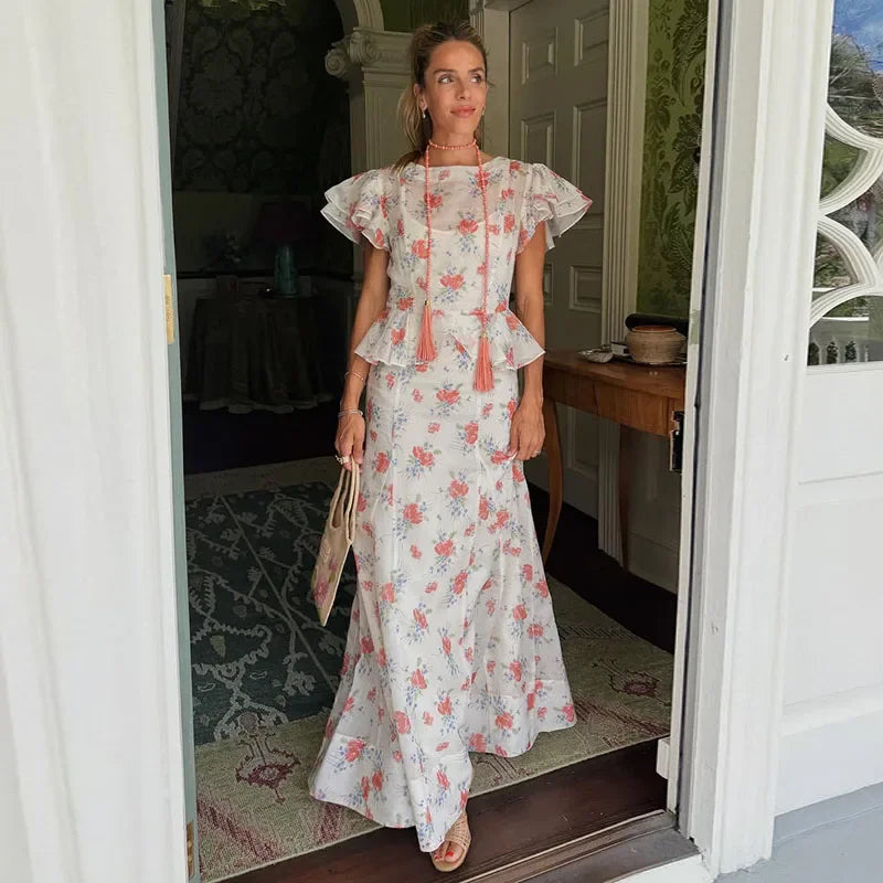 Completo coordinato gonna midi e top con volant stampato da donna, estivo, floreale, a maniche corte, girocollo, gonna a trapezio, due pezzi, novità 2026 per le vacanze