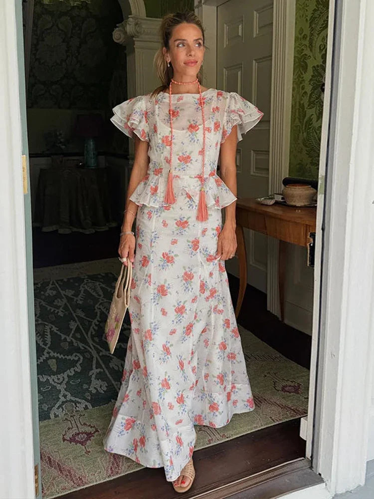 Completo coordinato gonna midi e top con volant stampato da donna, estivo, floreale, a maniche corte, girocollo, gonna a trapezio, due pezzi, novità 2026 per le vacanze