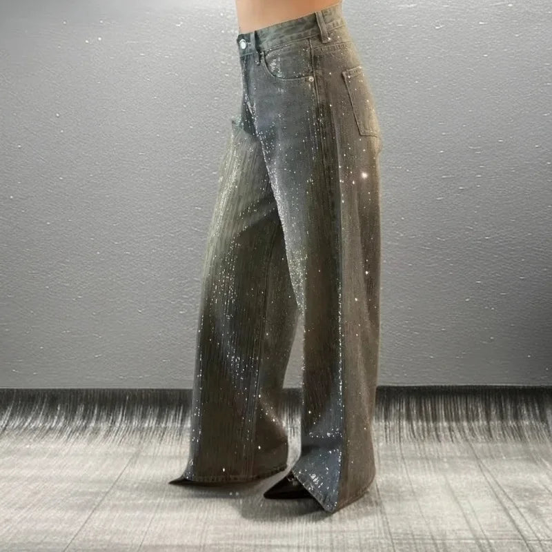 Jeans a Gamba Larga con Diamanti Scintillanti, Vita Alta, Vestibilità Ampia, Lunghezza al Pavimento, Stile Artistico Retrò, Moda Casual, Collezione Primavera