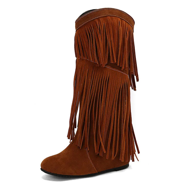 Ochanmeb stivali con frange Western rosso vino per donna stivali con tacco rialzato giallo nappe nere senza Zip scarpe da donna calde e larghe al polpaccio