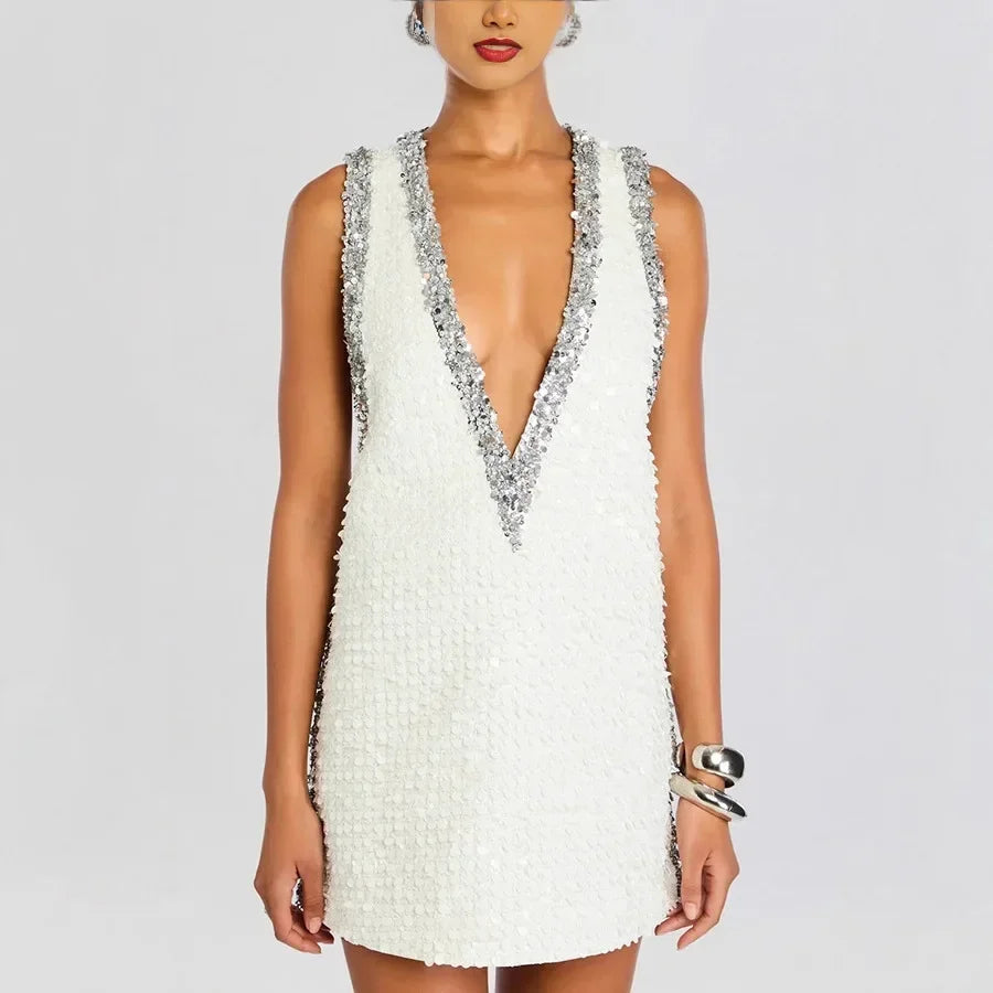 Abito sexy con gilet con paillettes Abito da donna con spalle scoperte senza maniche con scollo a V profondo Mini abiti trasparenti 2026 Abito da sera da donna