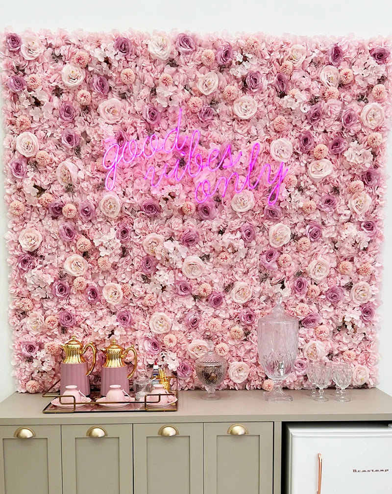 Flores de pared de fondo de seda rosa, decoración de boda, panel de pared de flores artificiales personalizado para telones de fondo de decoración del hogar, baby shower