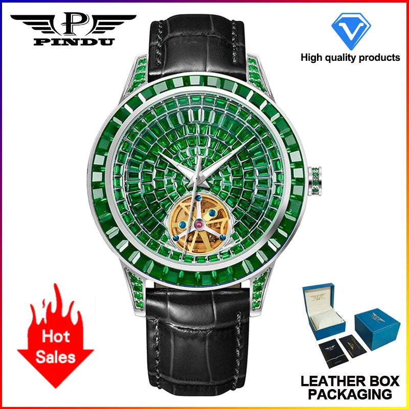 PINDU Design NUOVO Orologio Meccanico da Uomo 42MM con Quadrante Diamantato, Acciaio Inossidabile, Impermeabile, Automatico, Lusso di Alta Gamma
