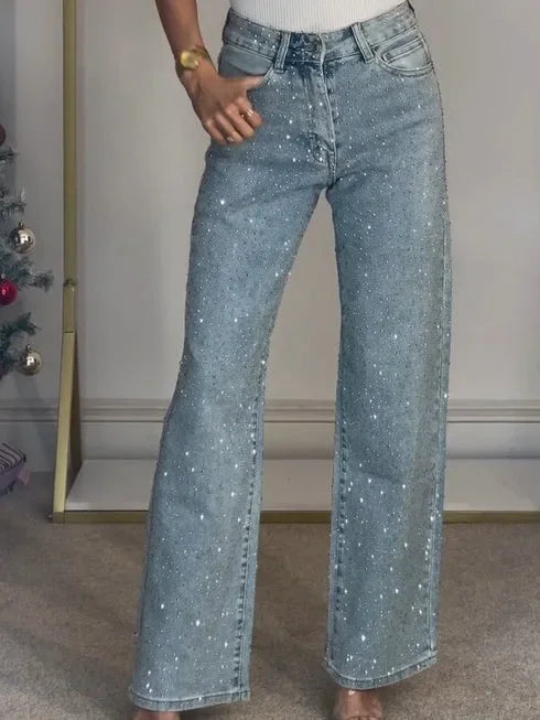 Jeans da donna Pantaloni dritti con diamanti Jeans elasticizzati a vita alta lavati per mamma Jeans vintage Streetwear Pantaloni streetwear Y2k