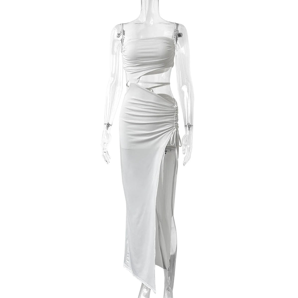 2025 Nuovo vestito da donna taglio basso senza maniche slim-fit maxi vestito per club party summer beach casual sexy hollow backless tie up slip