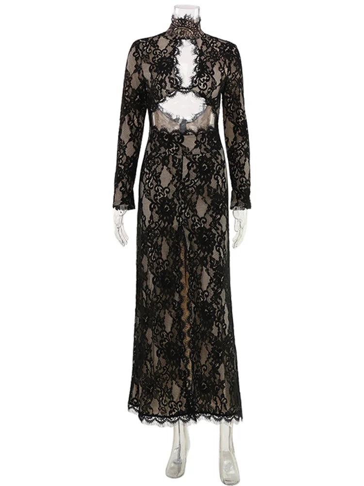 CNYISHE Abito da donna elegante e sexy con scollo a O, maniche lunghe, in pizzo traforato, vestito tubino attillato per serate e feste
