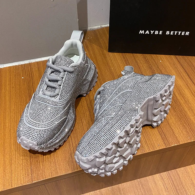 Nuove Scarpe Sportive Casual da Donna con Suola Spessa e Decorazioni in Diamanti, Design Elegante e alla Moda