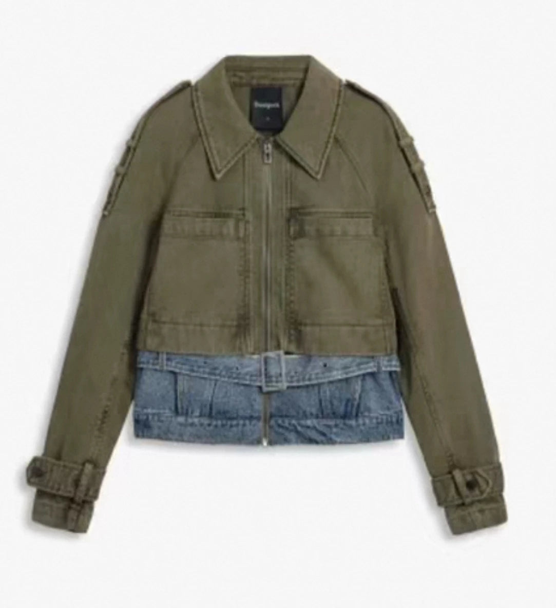 Una nuova giacca di jeans ampia e casual spagnola ricamata e color block dalla ordine di esportazione originale