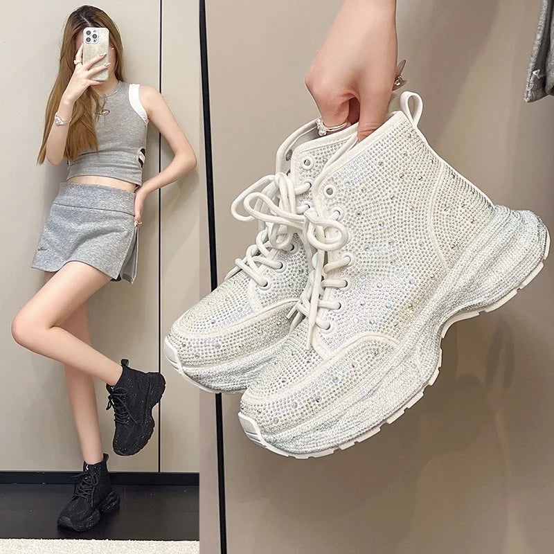 Stivali da donna con strass di lusso di marca originale Primavera High Top Blingbling Platform Sneakers Stivali da moto di moda Scarpe da papà
