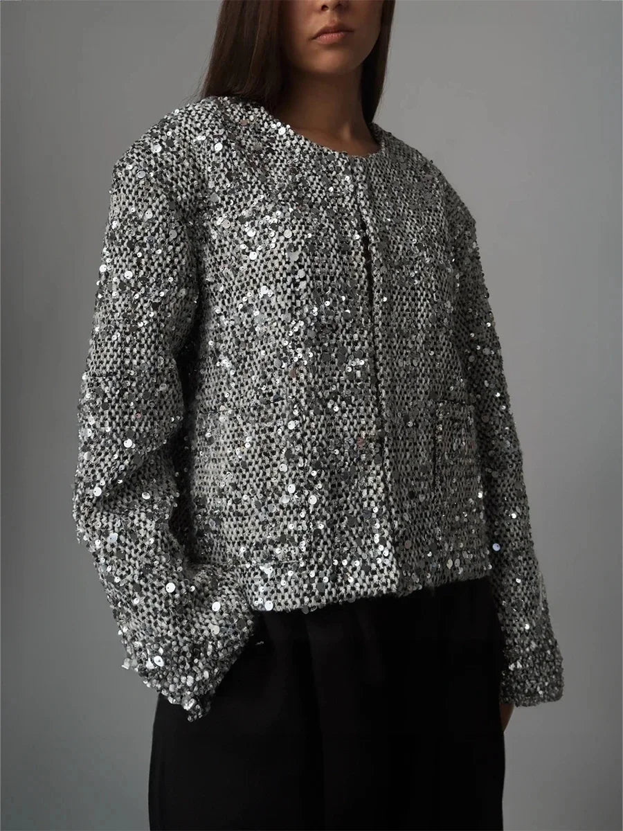 Giacca Corta da Donna Chic con Paillettes Argento, Cardigan Casual con Collo Tondo, Maniche Lunghe e Tasche, Elegante Cappotto Autunnale da Donna