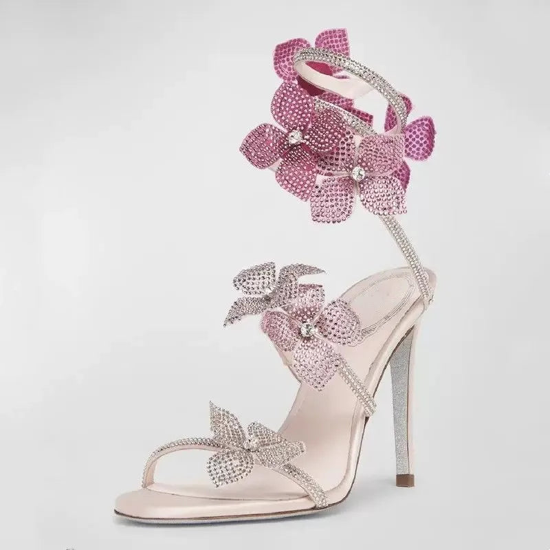 Strass di lusso Fiori Sandali gladiatore da donna Sexy Spago serpente Cinturino alla caviglia Tacchi alti Scarpe da ballo estive da sposa Sandali