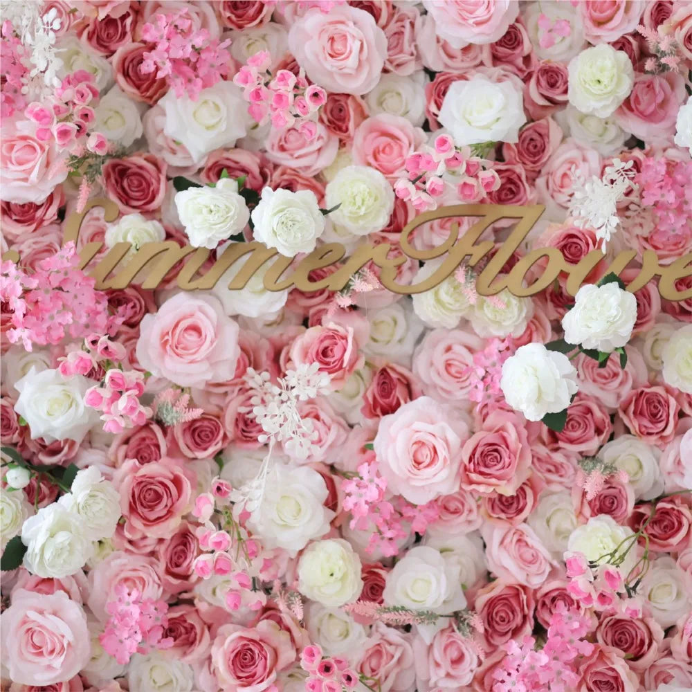 Uflower Custom Deluxe 3D Pink White Roses Artificial Flower Wall Outdoor Wedding Background Decoration Birthday Event Stage