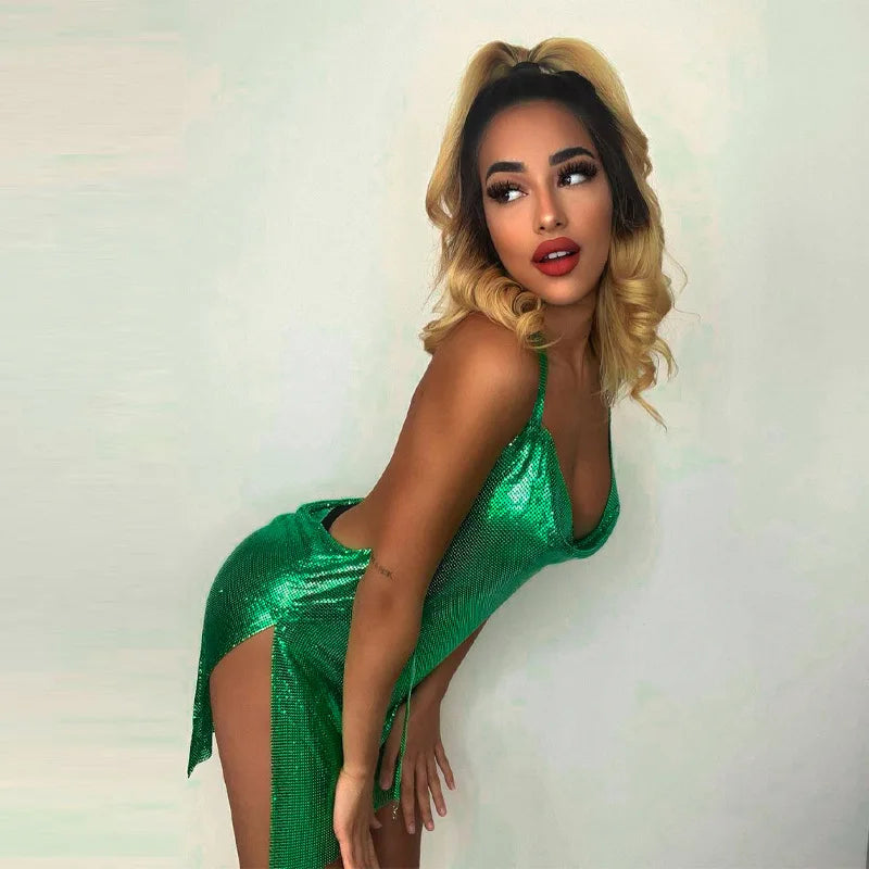 Abito Mini Sexy e alla Moda con Scollo a V, Paillettes Metalliche, Colletto Drappeggiato e Schiena Scoperta per Feste e Balli