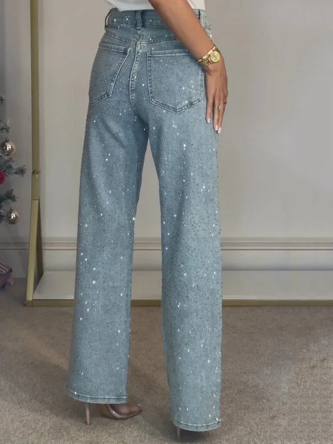 Jeans da Donna a Vita Alta con Strass, Gamba Larga, Lavaggio Chiaro, Pantaloni in Denim Scintillanti a Gamba Dritta