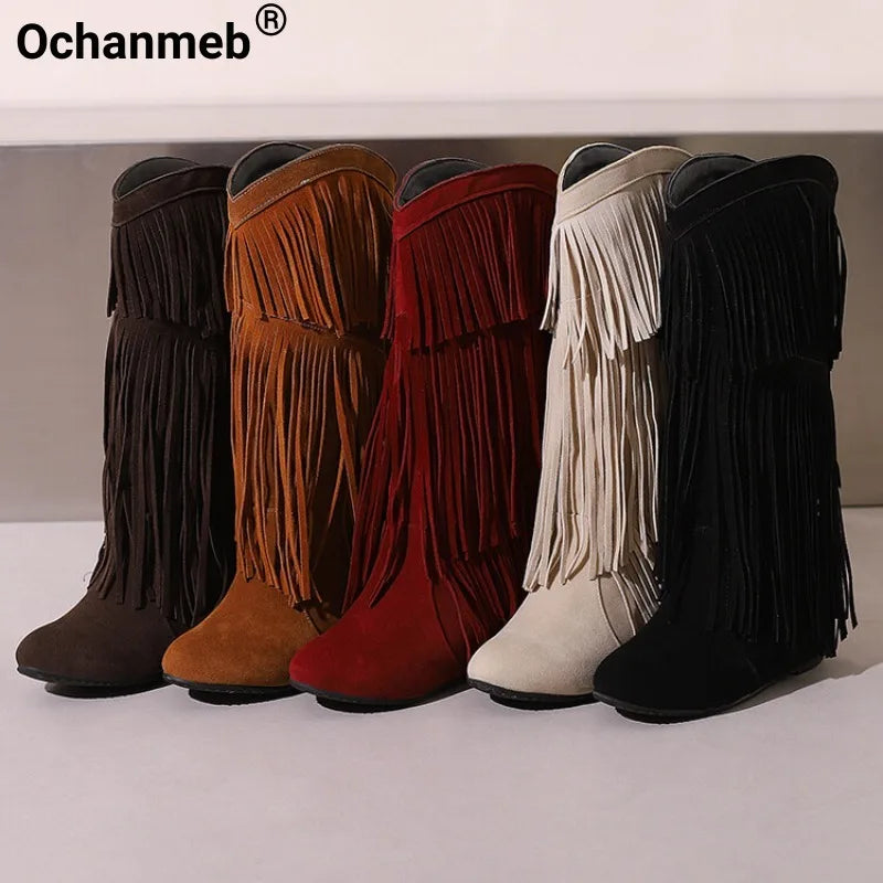 Ochanmeb stivali con frange Western rosso vino per donna stivali con tacco rialzato giallo nappe nere senza Zip scarpe da donna calde e larghe al polpaccio