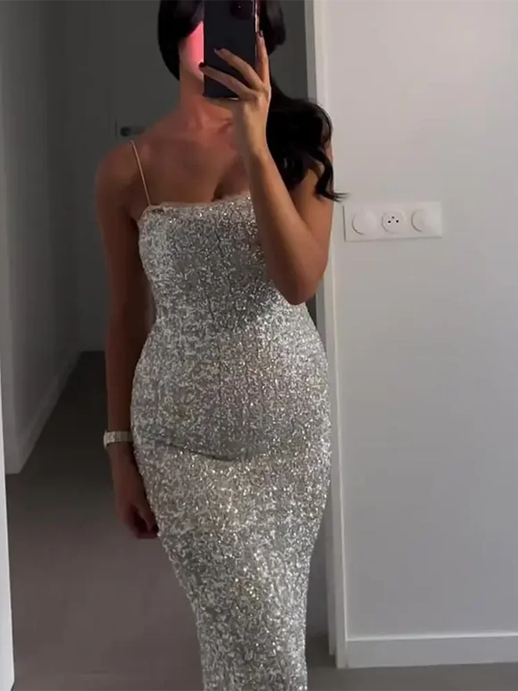 Elegante Abito con Paillettes da Donna Primavera Estate 2026, Vestito Senza Maniche con Scollo a Barca, Abito da Festa Scintillante, Dolce Abito da Ufficio Argento