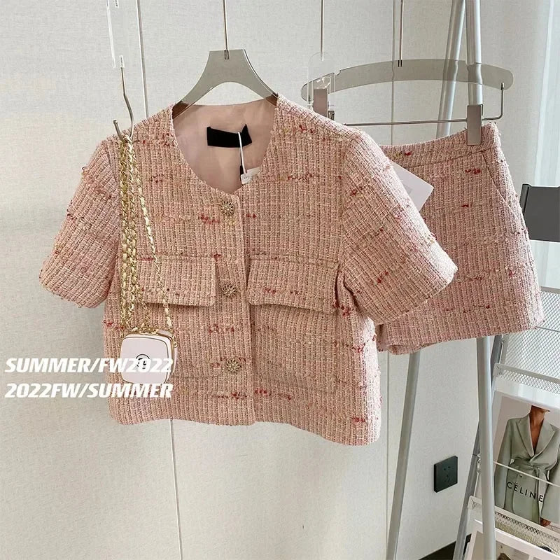 Set di pantaloncini 2 pezzi Completi da donna O Collo Giacca di tweed rosa Femme Crop Cardigan Top Cappotto coreano Pantalone corto