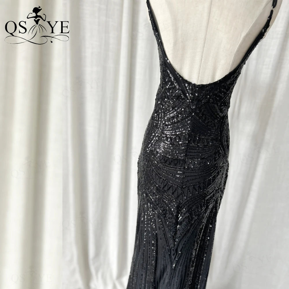 Abito da sera lungo nero semplice con paillettes, modello a sirena, spalline sottili, scollo a V, senza schienale, elegante per feste
