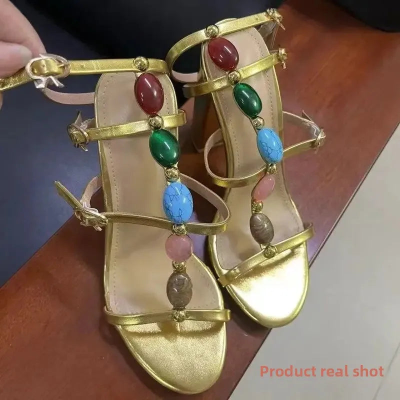 Sandali da donna con strass resistenti, tacco alto, estivi, a punta aperta, suola in gomma, con cinturino a T, in pelle sintetica, foderati