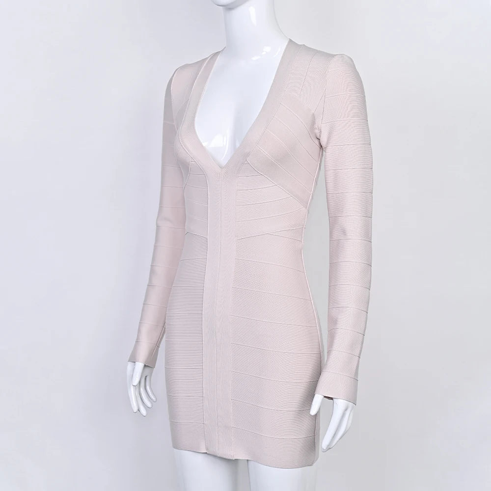 BEAUKEY Abito da Sera Sexy Mini con Scollo a V Profondo e Maniche Lunghe Beige, Vestito da Festa con Fasce, Abito da Clubwear Lungo Stile Runway