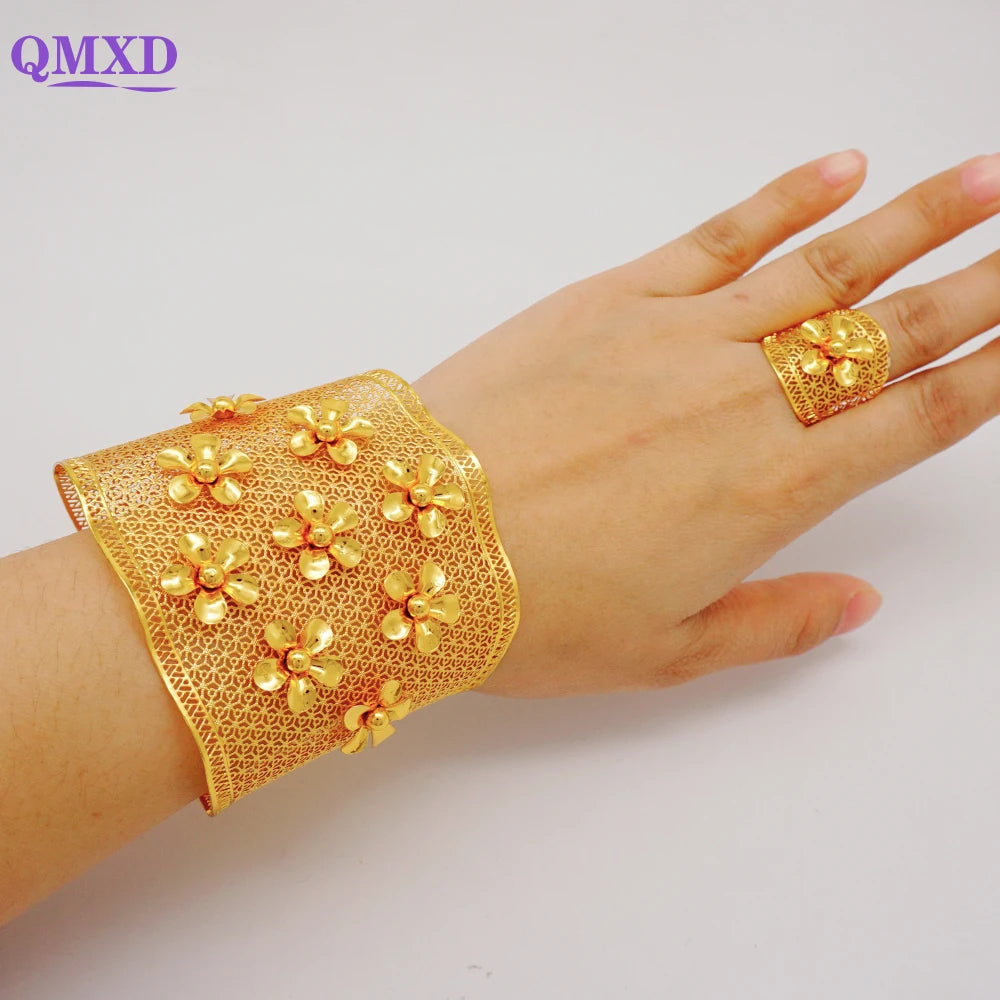 Bracciale color oro Dubai con anello per donna Bracciale con polsino a catena con ciondoli Bracciale indiano Arabo Francia Regali di gioielli da sposa