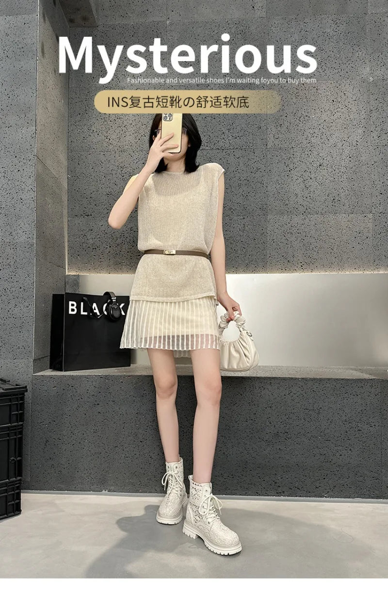 Scarpe Retrò da Donna, Stivali Estivi con Pizzo Traforato, Stivaletti alla Moda con Plateau, Scarpe di Lusso Firmate, Botas Mujer