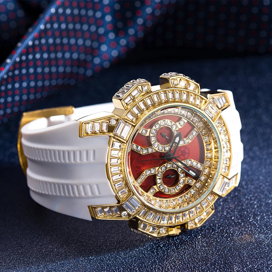 MISSFOX Nuovo Orologio Al Quarzo Rosso Per Gli Uomini di Lusso Hip Hop Streetwear Orologio Impermeabile Orologi Con Diamanti Orologi Da Polso Da Uomo Al Quarzo AAA