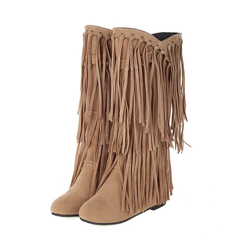 2025 Nuovi stivali alti Donna Bohemian Flock Nappa Stivali a metà polpaccio Stivaletti con zeppa Autunno Inverno Scarpe casual etniche zapatos de mujer