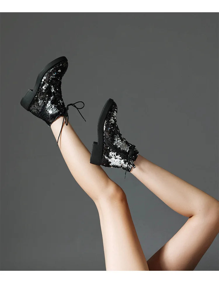 Donna Autunno Inverno Stivaletti 2024 Tendenza Comfort Casual Hip-Hop Scarpe da ballo con paillettes Club Party Donna Stivaletti stringati