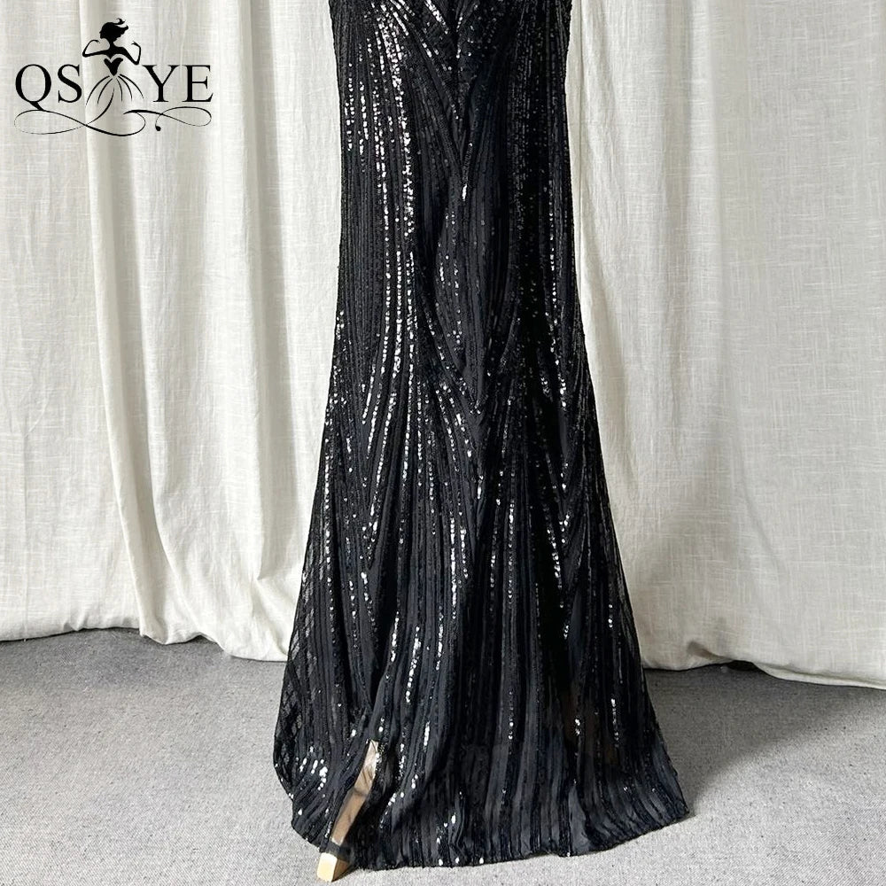 Abito da sera lungo nero semplice con paillettes, modello a sirena, spalline sottili, scollo a V, senza schienale, elegante per feste