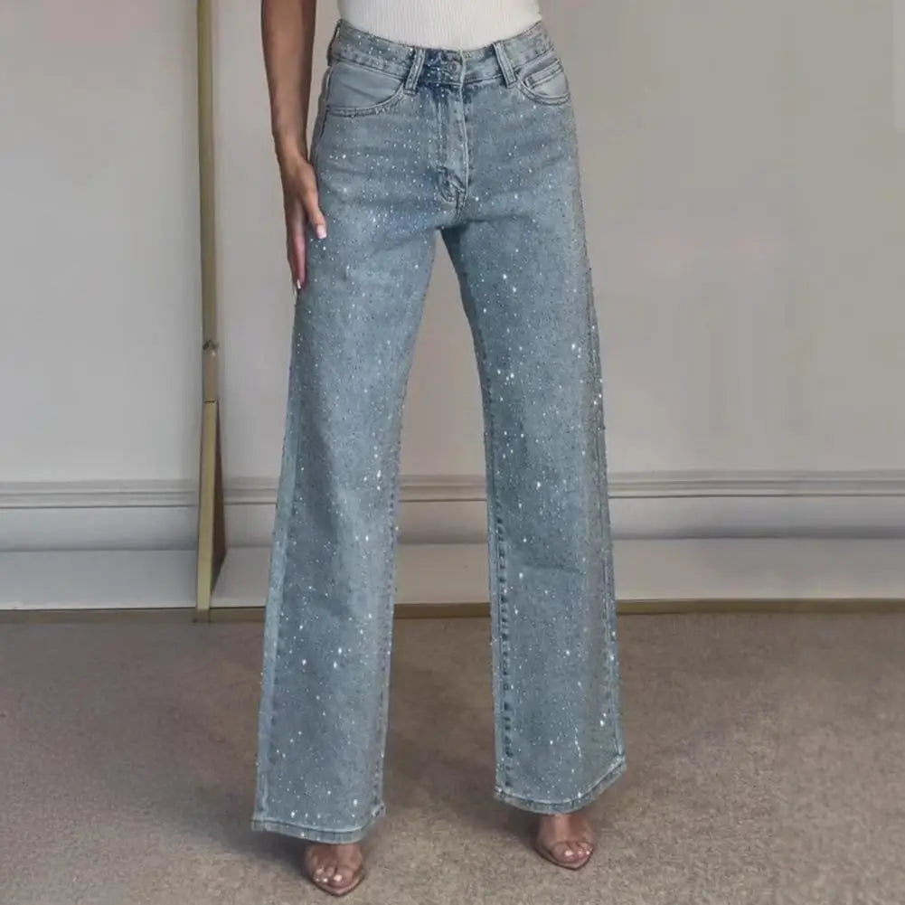 Jeans con perle finte per donna Pantaloni in denim elasticizzato a gamba dritta a vita alta Pantaloni larghi con perline a gamba larga casual Moda streetwear