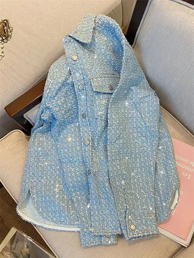 2024 primavera autunno nuovo cappotto donna industria pesante giacca blu femminile amanti della strada moda allentata tasca top camicia giacche