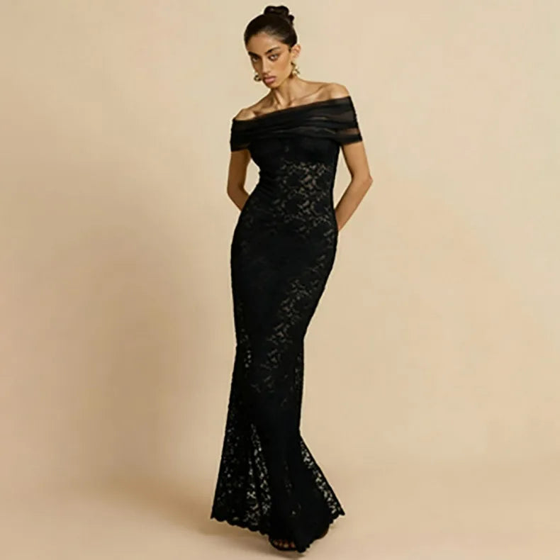 Abito lungo elegante da sera per damigella d'onore, sexy e alla moda, con scollo asimmetrico a spalla scoperta, in rete e con dettaglio avvolgente sui glutei.