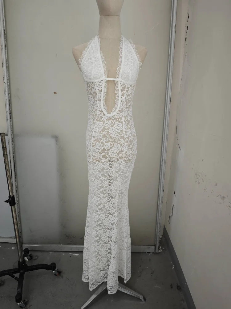 Sexy Hollow Out Women See-through Lace Up Party Dress femminile maniche svasate petto avvolto abiti 2024 Summer Lady Seaside Gowns