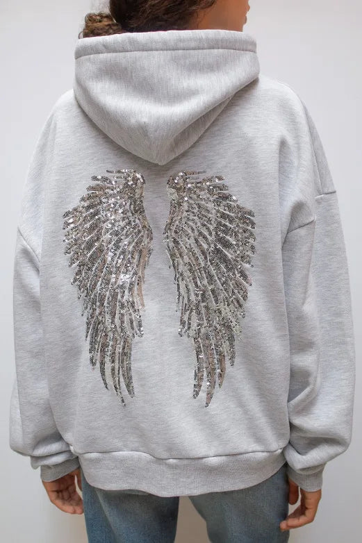 Felpe con Cappuccio da Donna con Stampa Ali d'Angelo in Paillettes, Maniche Lunghe, Tinta Unita, Stile Casual, Nuova Collezione 2025, Abbigliamento Streetwear Y2k