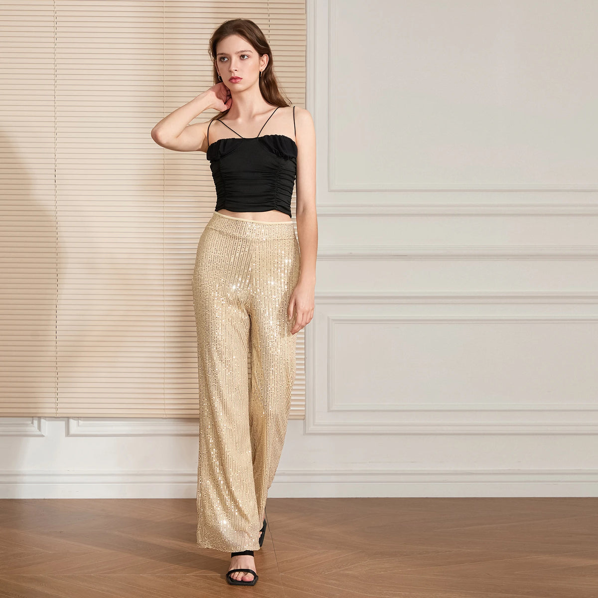 Pantaloni da donna alla moda con paillettes Pantaloni lunghi larghi a gamba larga a vita alta per streetwear da festa in club