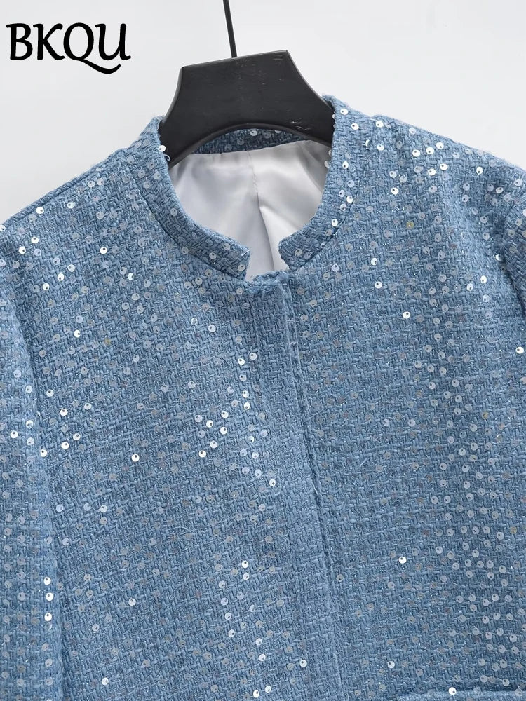 BKQU eleganti giubbotti Bomber con paillettes moda donna maniche lunghe o-collo cappotti corti 2024 autunno inverno donna capispalla High Street