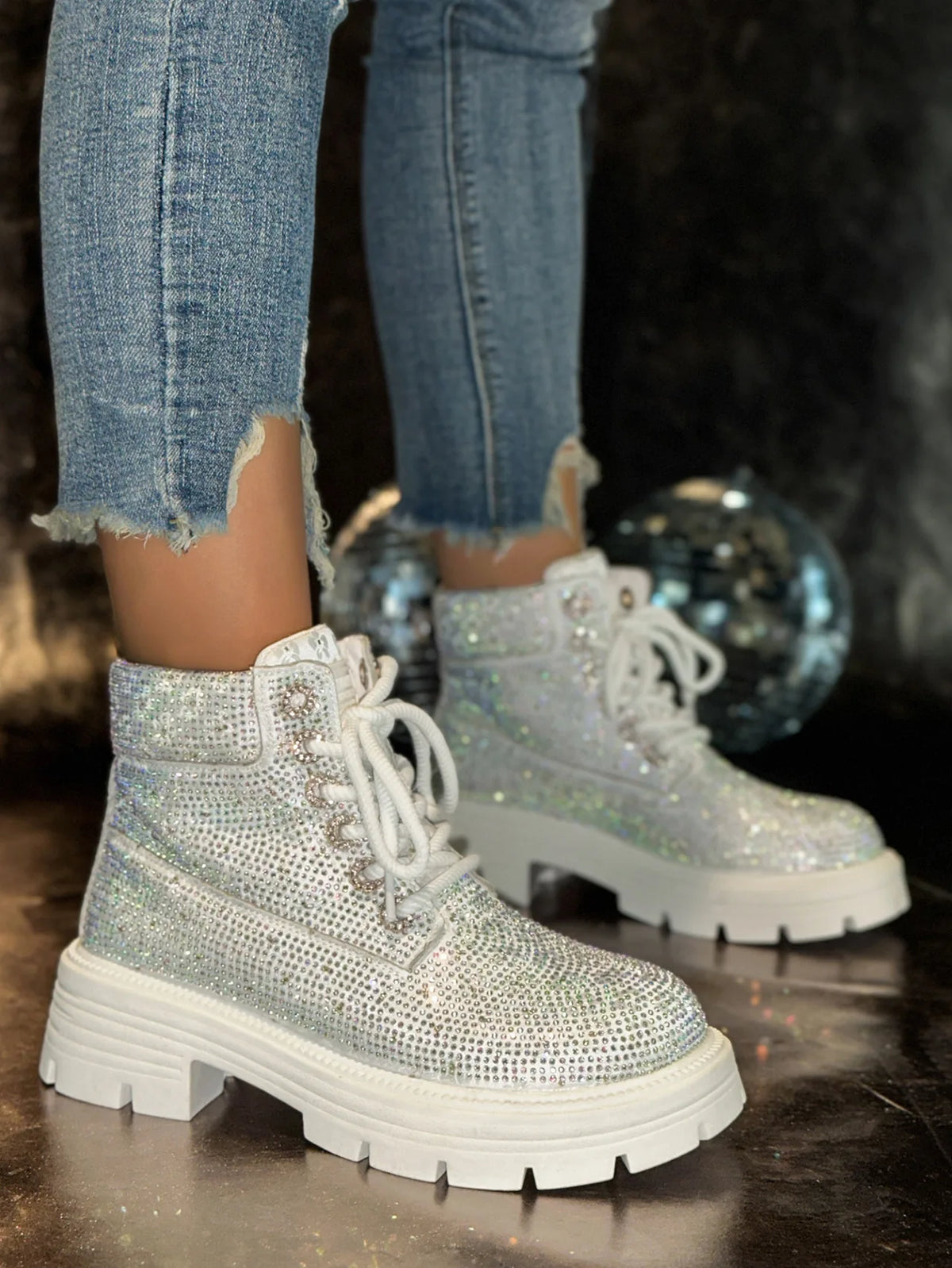 Stivaletti Retrò Autunno Inverno Nuovi con Strass e Lacci Punta Tonda Plateau Scarpe da Donna Taglie Grandi