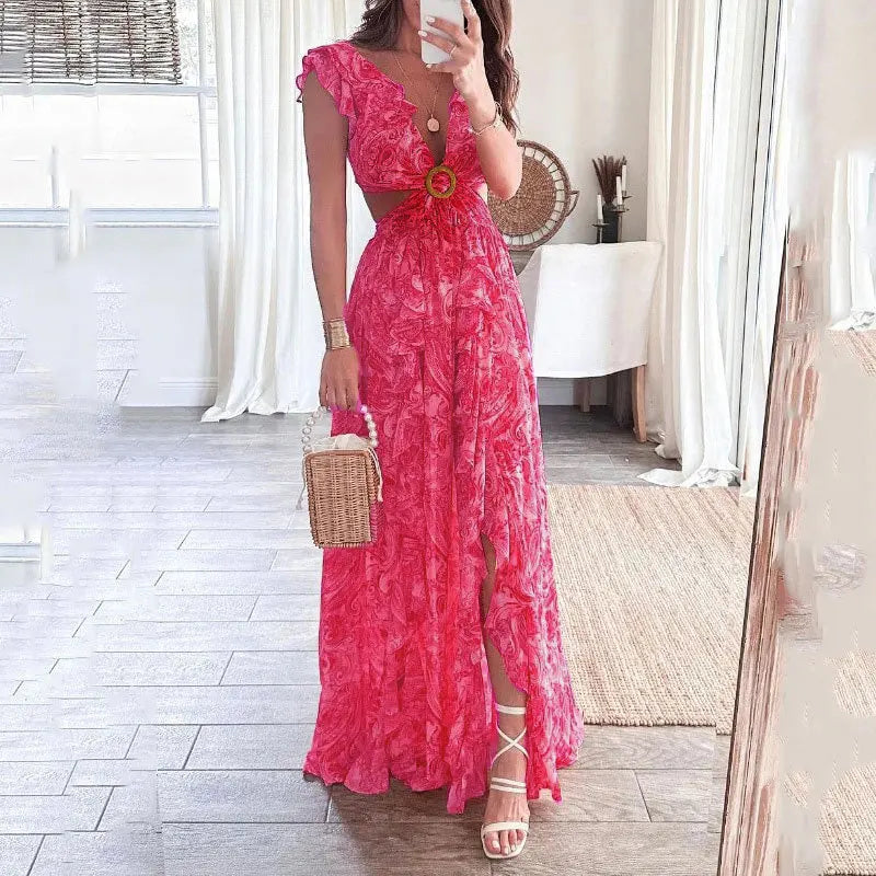 Abito lungo irregolare con piega cava aperta in vita senza maniche sexy stampato alla moda primavera da donna